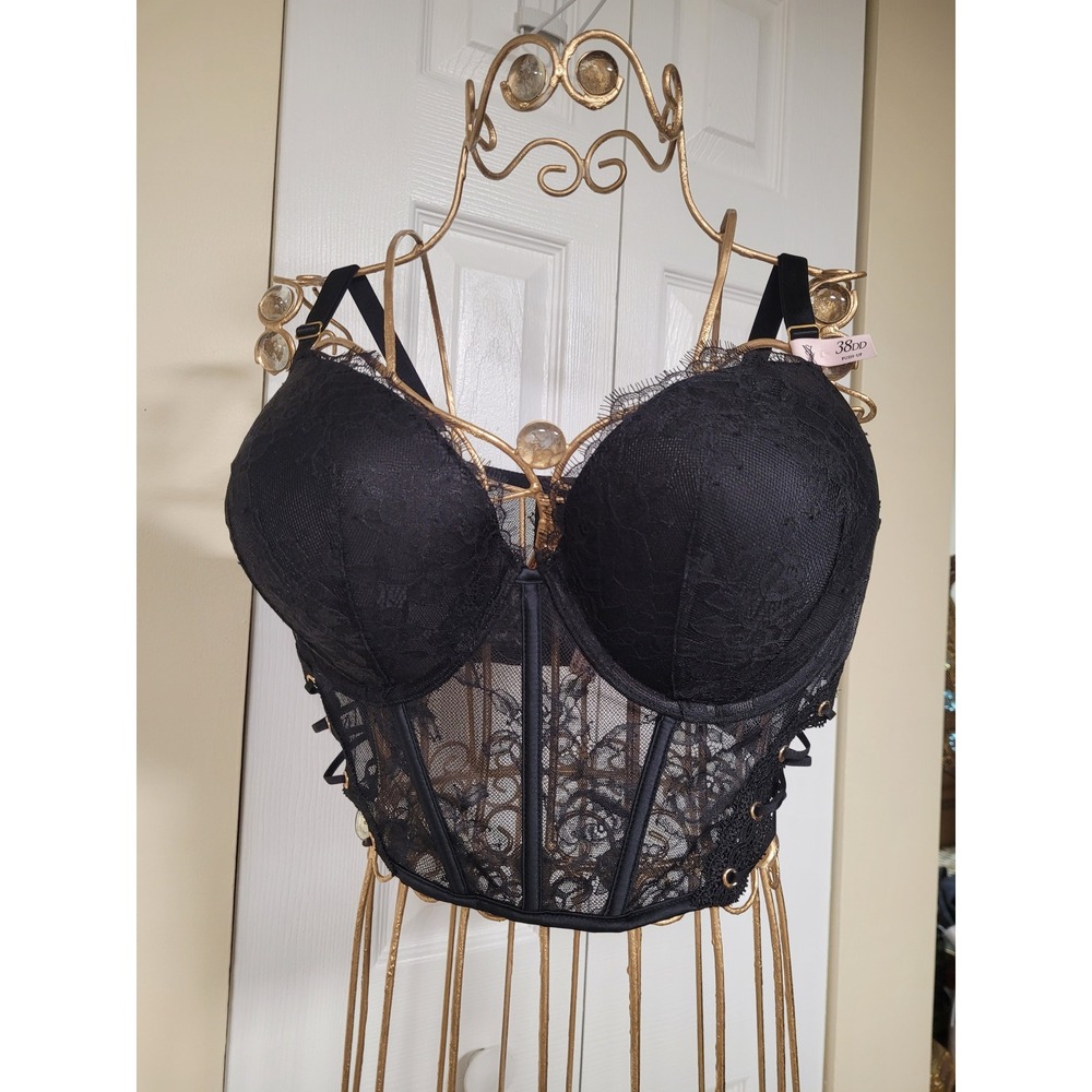 Victorias Secret Sexy Black Goth Push Up Bustier Corsette Bra 38DD Lace‎ Up NWT
